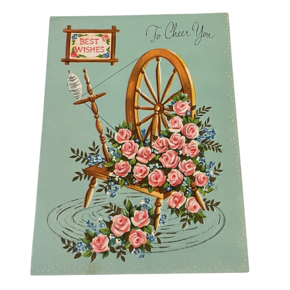 Unused Vintage Greeting Card Best Wishes to Cheer You Floral Spinning Wheel